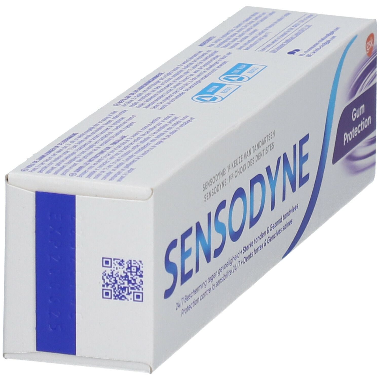 Tandpastadoos met productnaam en Gum Protection-logo. QR-code en productinformatie.
