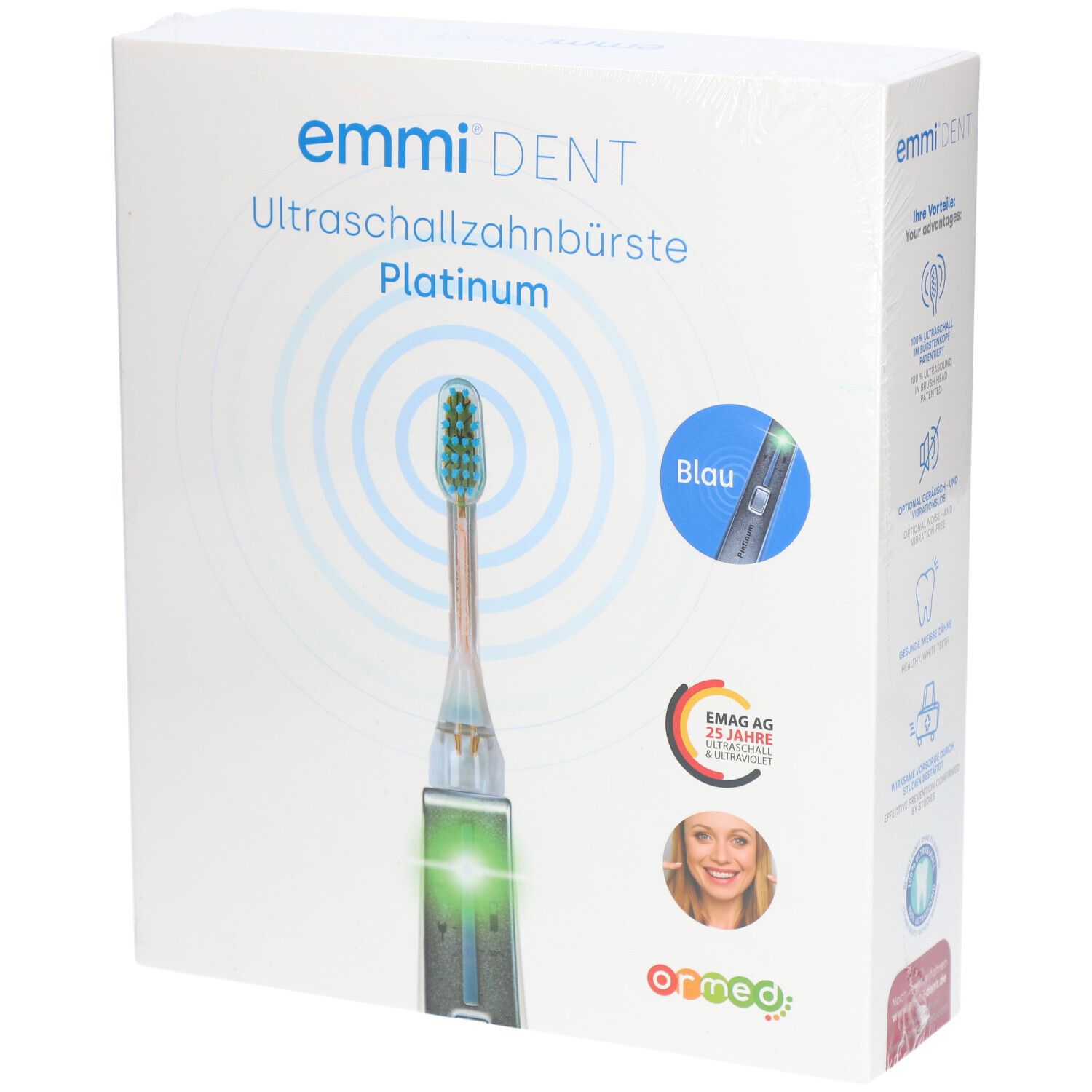 Verpackung der Emmi-Dent Ultraschallzahnbürste Platinum Basic Set Blau. Enthält Zahnbürste, Ladestation und Zubehör.
