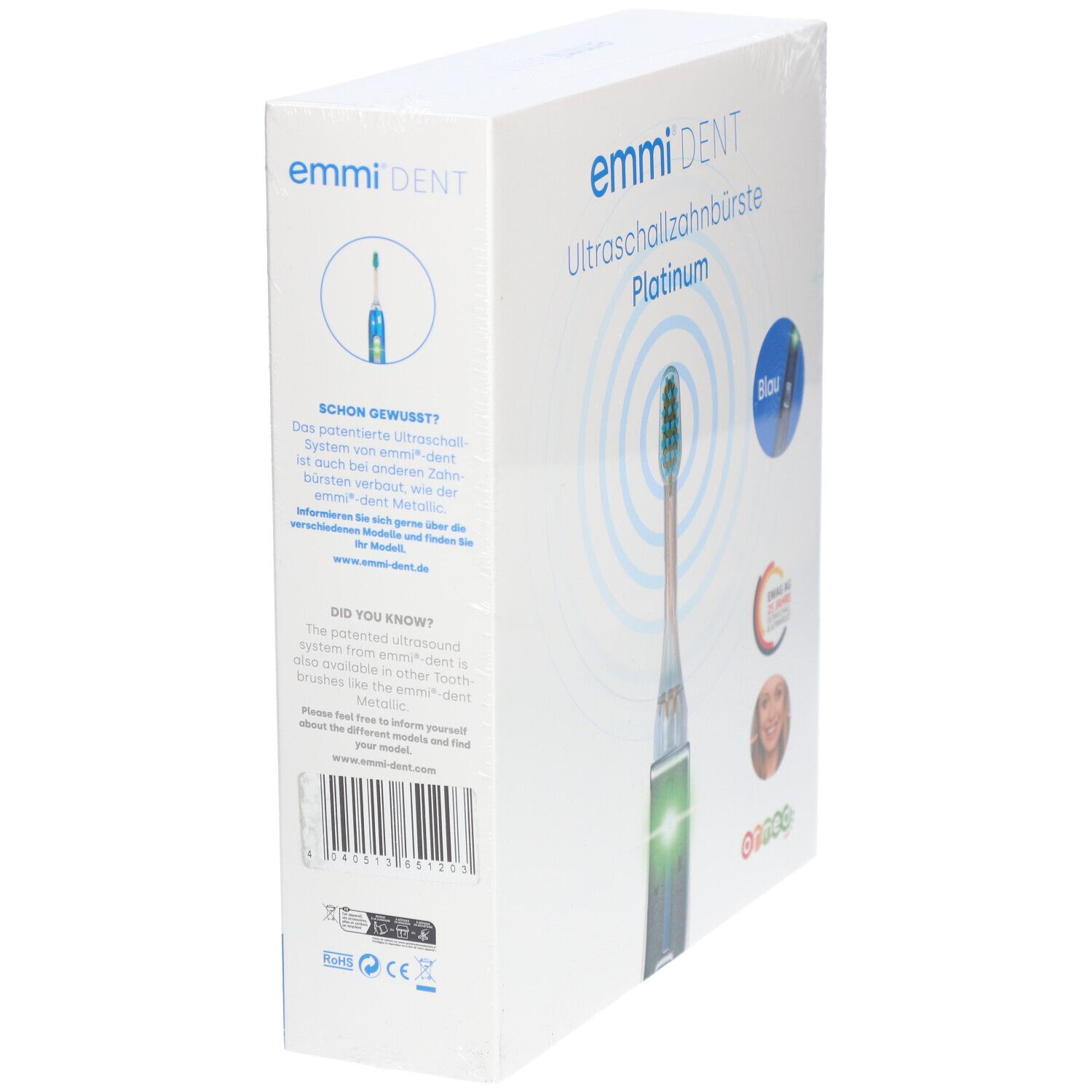 Seitenansicht der Emmi-Dent Ultraschallzahnbürste Platinum Verpackung. Enthält Produktinformationen und Logos.