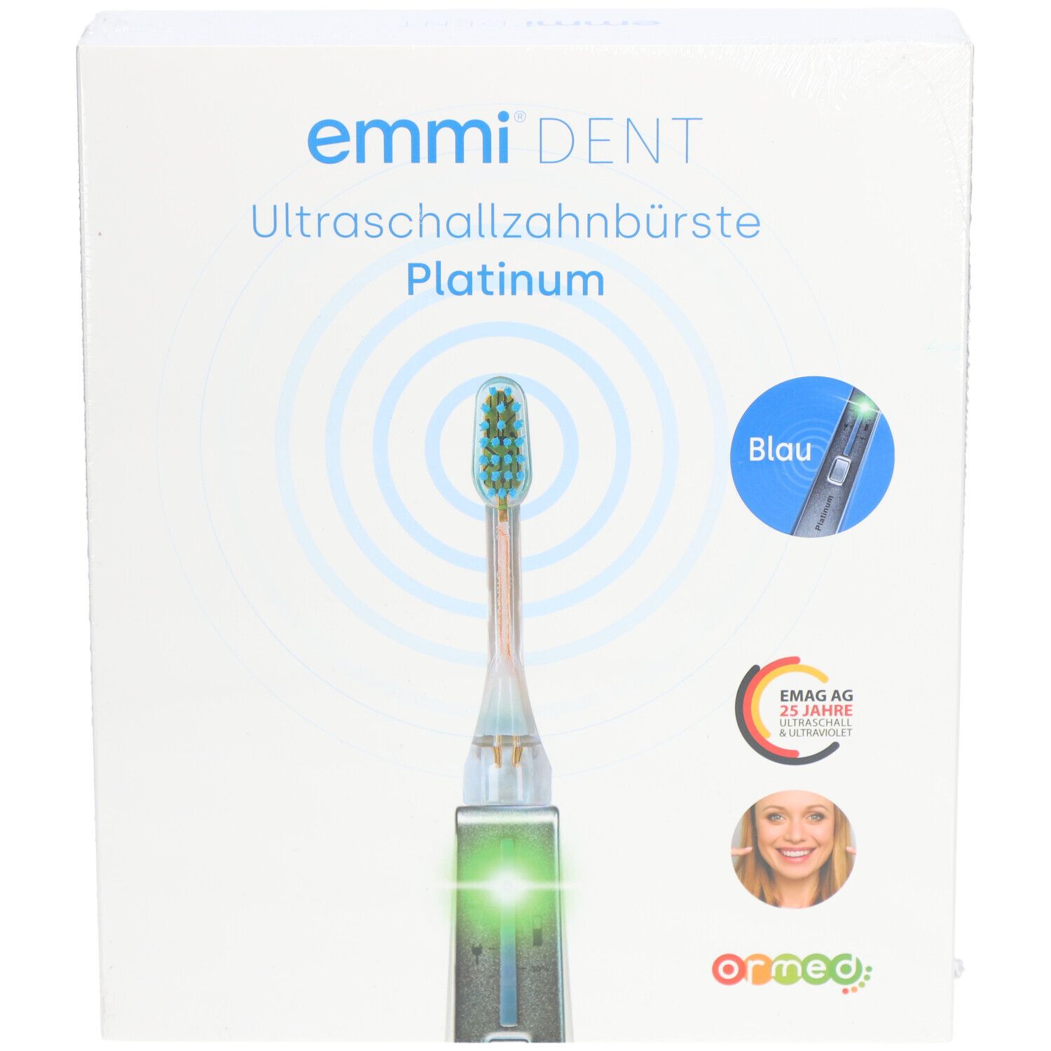 Vorderansicht der Emmi-Dent Ultraschallzahnbürste Platinum Verpackung. Zeigt Zahnbürste und Produktinformationen.