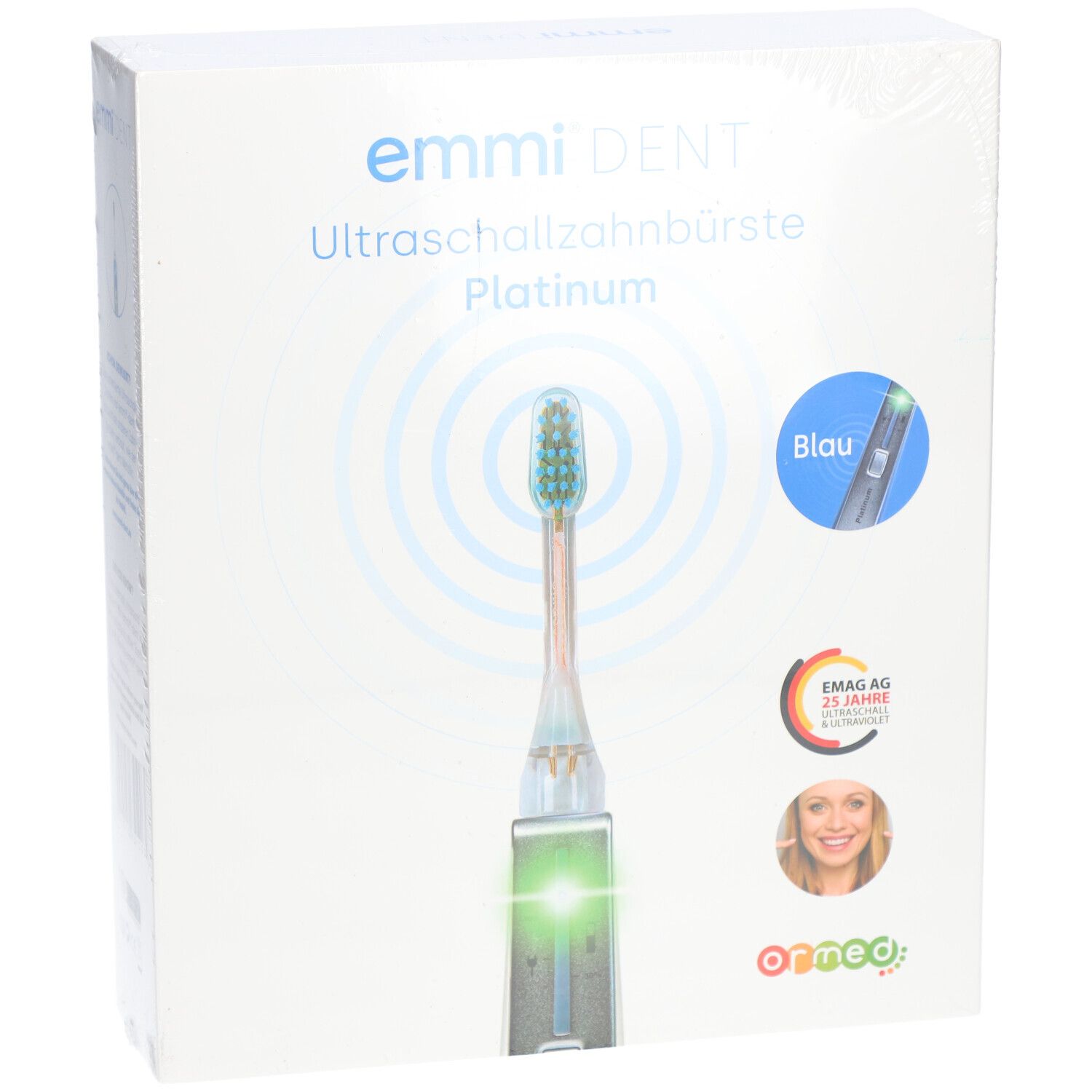 Vorderansicht der Emmi-Dent Ultraschallzahnbürste Platinum Verpackung. Zeigt Zahnbürste und Produktinformationen.