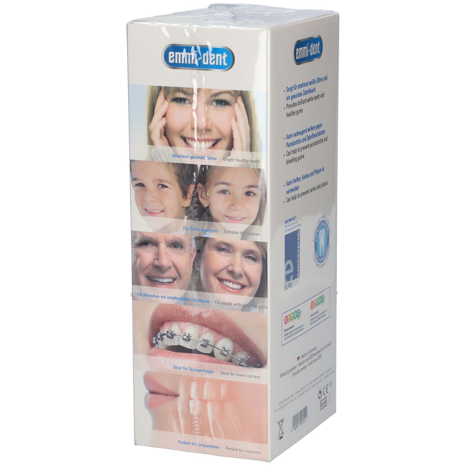 Verpakking met foto's van mensen. Merk: emmi-dent. Foto's van tanden met en zonder beugel. Tekst.