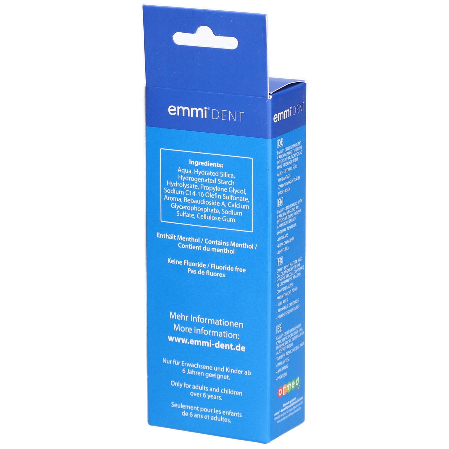 Emballage bleu avec ingrédients et informations. Inscription : emmi®-dent, sans fluor. Pour adultes et enfants de plus de 6 ans.