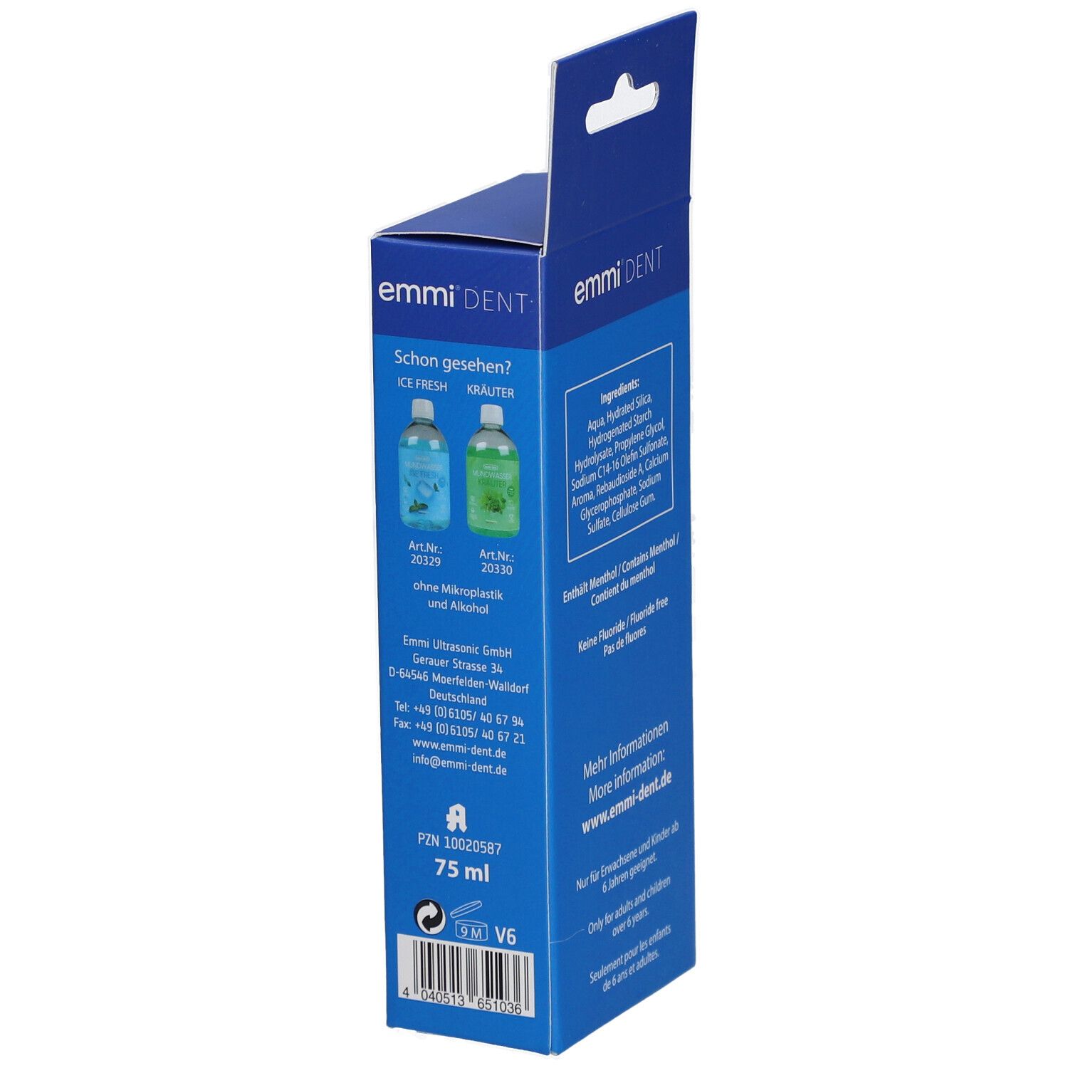 Emballage bleu avec informations. Inscription : emmi®-dent, sans fluor. Contient du menthol. 75 ml. Pour adultes et enfants de plus de 6 ans.