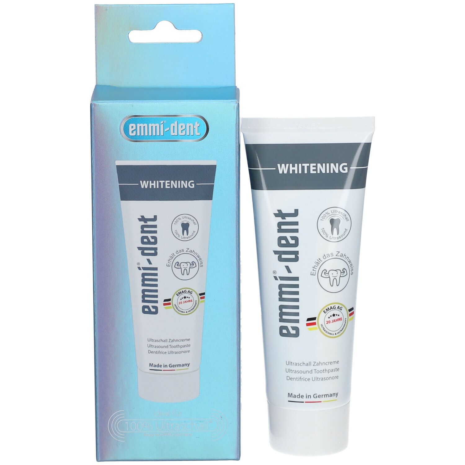 Tandpastatube en doos. "emmi-dent"-logo en "Whitening". Ultrasone tandpasta.