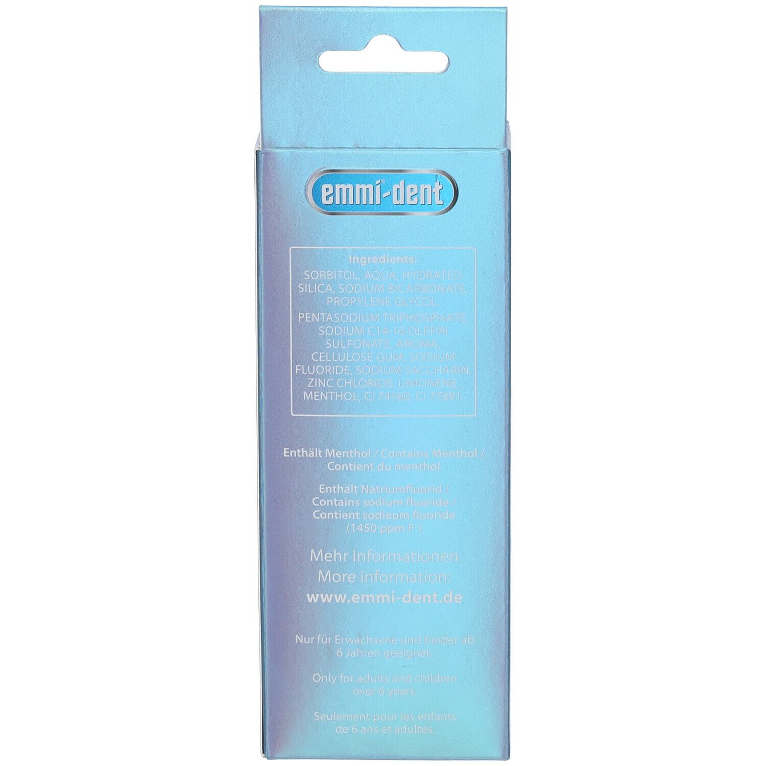 Achterkant van de doos. Ingrediënten en informatie. "emmi-dent"-logo.