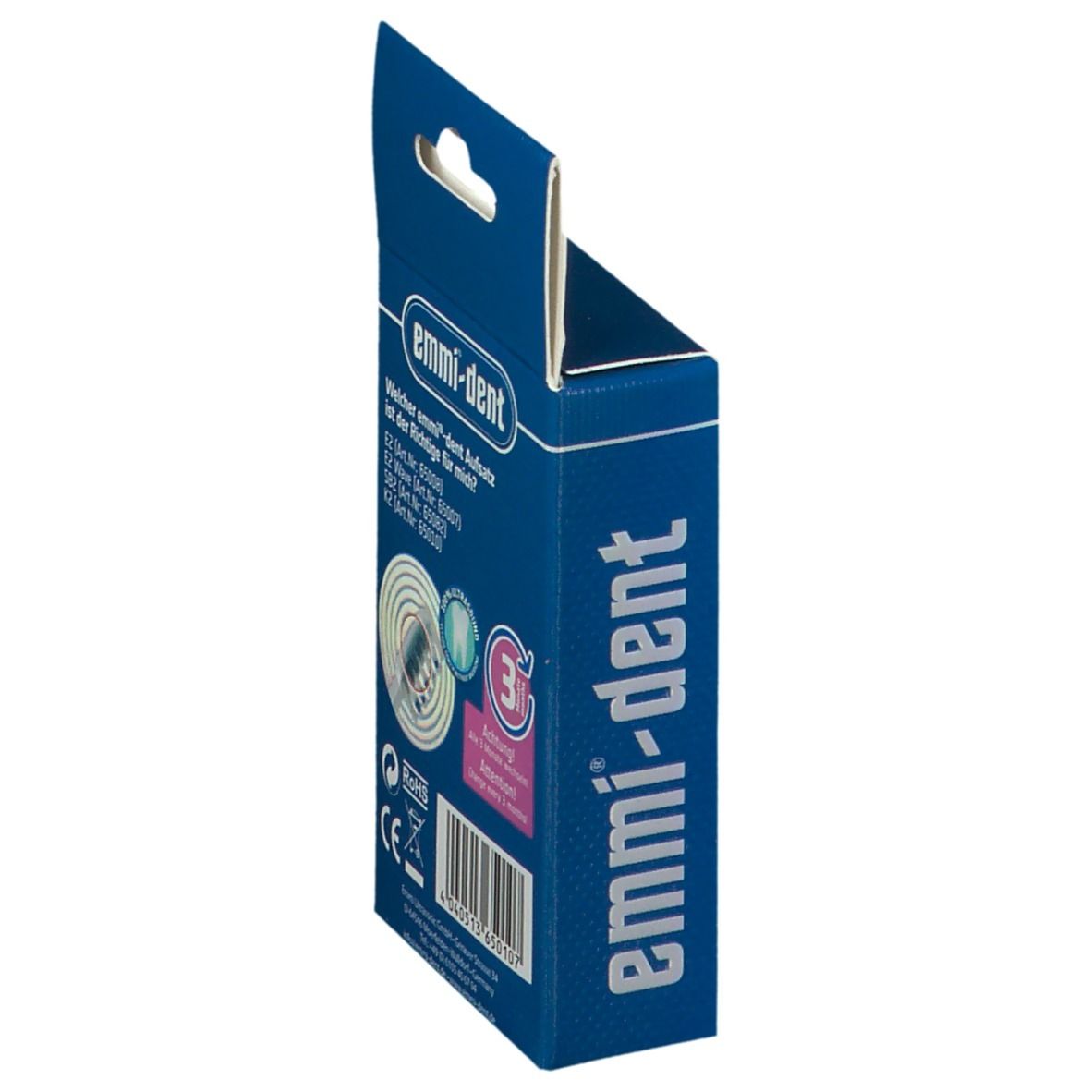 Zijaanzicht van de blauwe verpakking met Emmi-Dent K2 opzetborstels. Informatie over de opzetborstels. CE-markering.