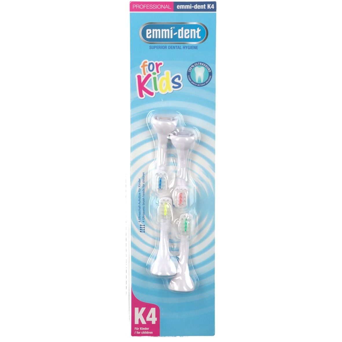 Tandborstelkoppen voor kinderen, 4 stuks in blisterverpakking. Verschillende kleuren. "emmi-dent" logo.