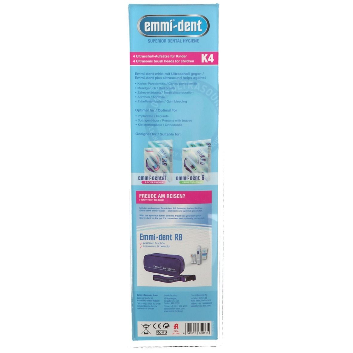 Achterkant van de blisterverpakking met productinformatie en "emmi-dent" logo.