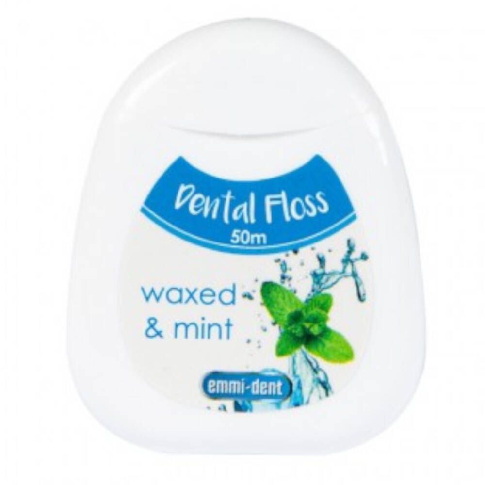 Witte flosdraad dispenser met blauwe tekst 'Dental Floss' en 'waxed & mint'. Munt-afbeelding. Merk emmi-dent.
