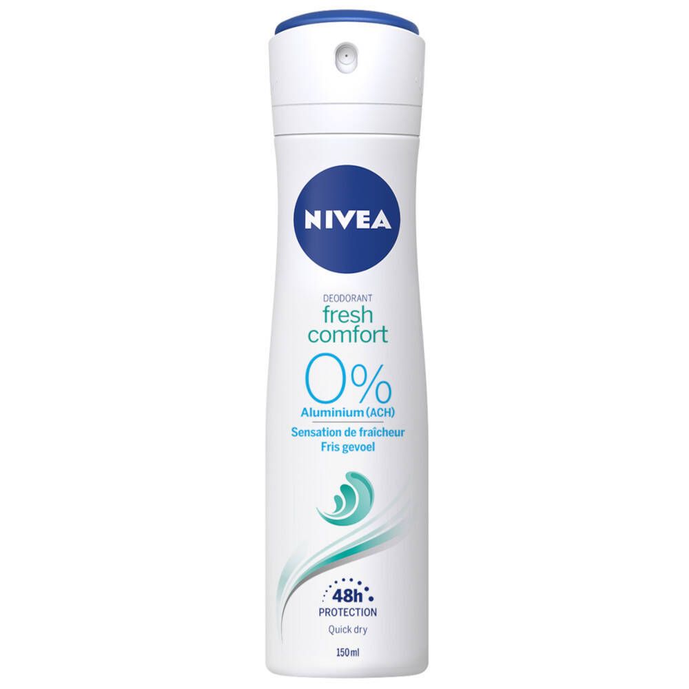 NIVEA® Fresh Comfort Spray. Witte spuitbus met blauwe dop. Logo en productnaam. 0% aluminium. 48u bescherming.