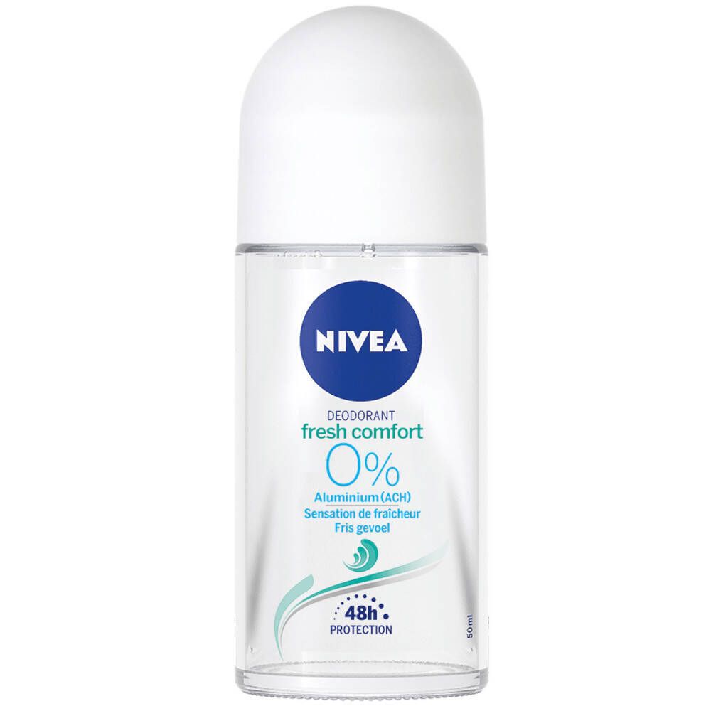 NIVEA Fresh Comfort Roll-On. Deodorant mit weißem Deckel und blauem Logo. 0% Aluminium. 48h Schutz.