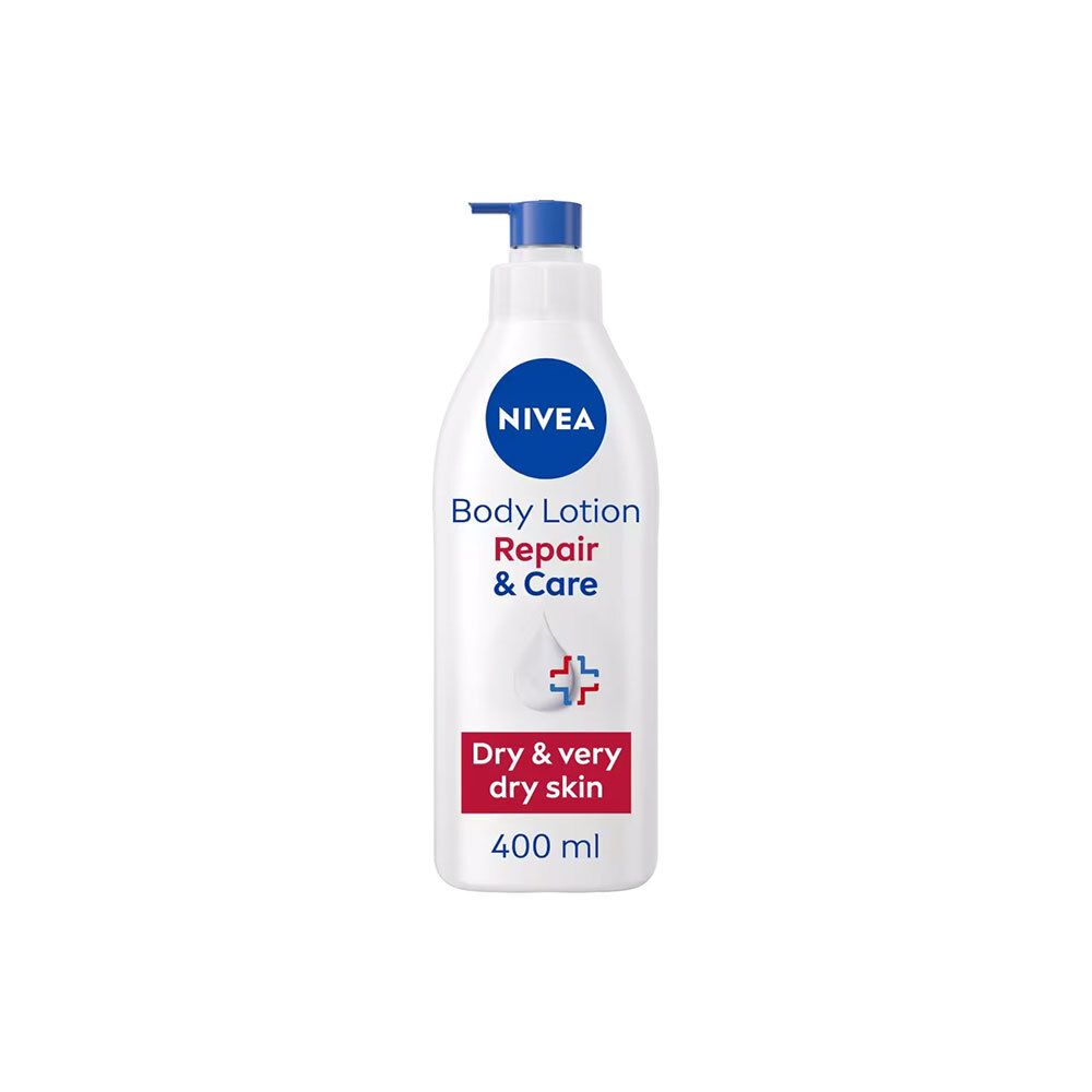 Witte fles met blauwe pomp. Opschrift NIVEA, Body Lotion Repair & Care, voor droge huid. Rode tekst: Dry & very dry skin. 400 ml.