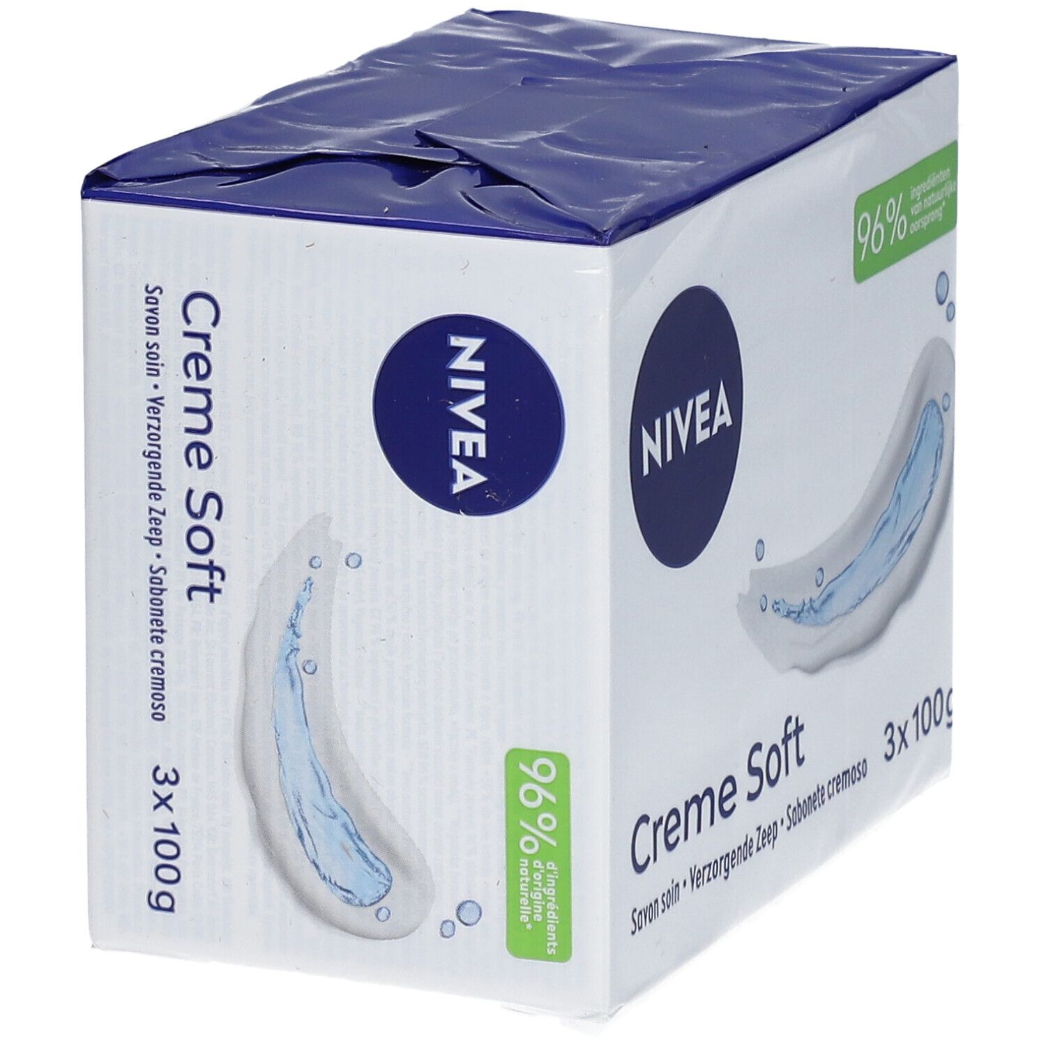 Emballage de trois savons NIVEA Creme Soft. Emballage bleu et blanc avec nom du produit et logo. 96% d'ingrédients d'origine naturelle.