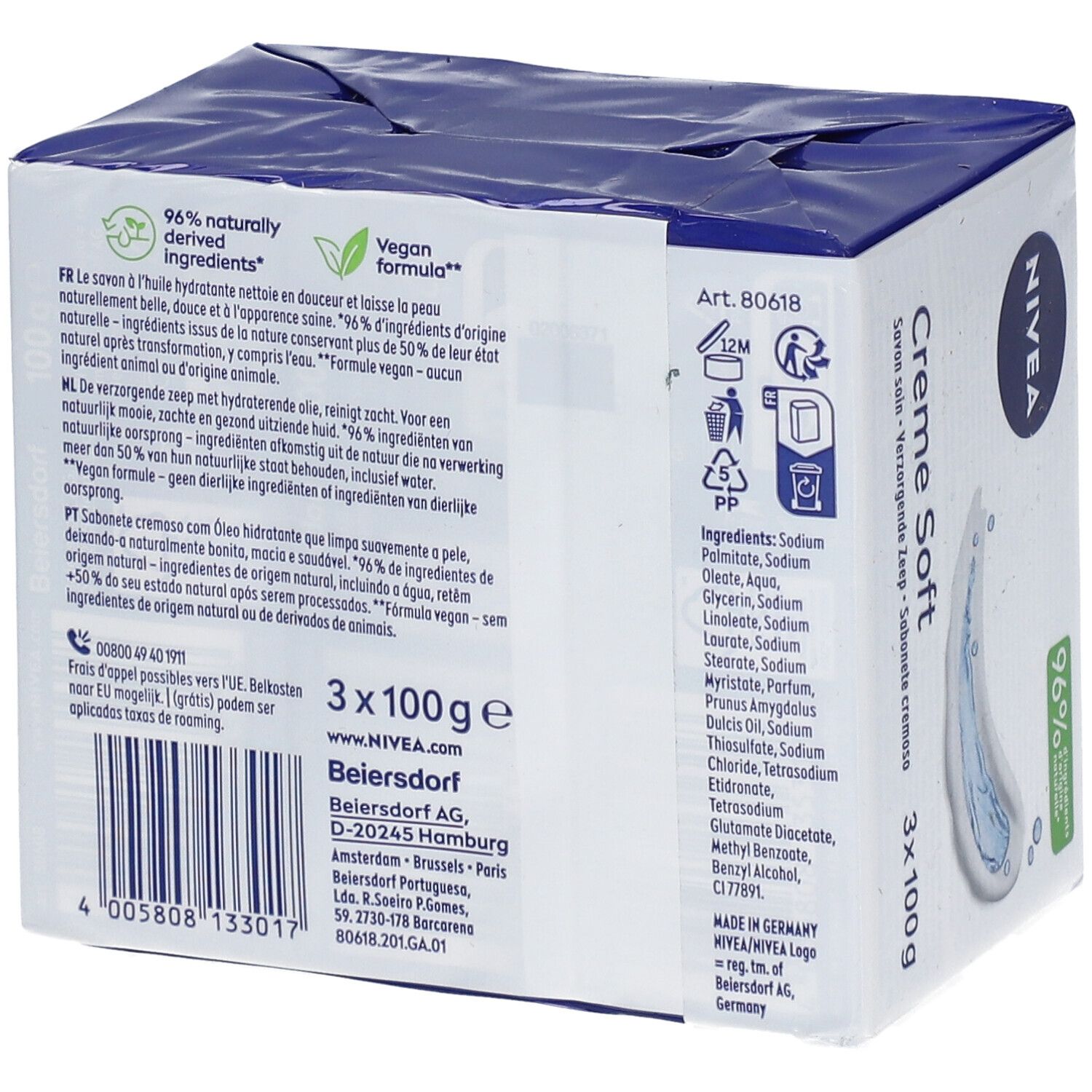 Dos de l'emballage de trois savons NIVEA Creme Soft. Contient des informations sur le produit, des ingrédients et des logos. 96% d'ingrédients naturels.