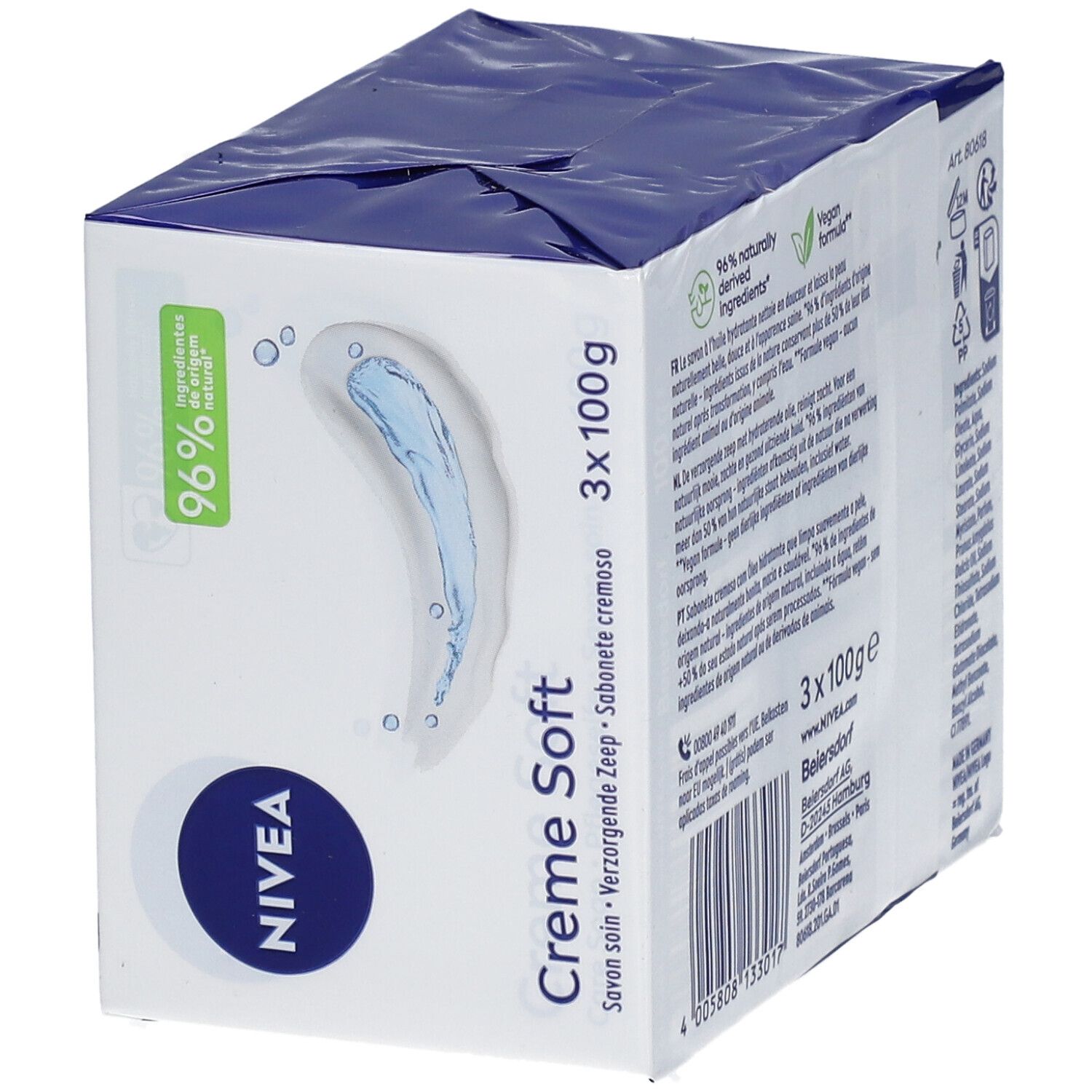 Emballage de trois savons NIVEA Creme Soft. Emballage bleu et blanc avec nom du produit et logo. 96% d'ingrédients d'origine naturelle.