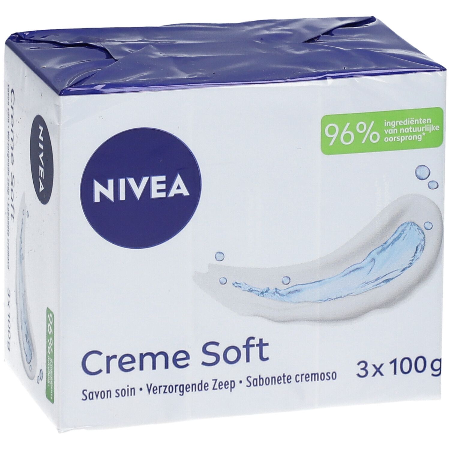 Emballage de trois savons NIVEA Creme Soft. Emballage bleu et blanc avec nom du produit et logo. 96% d'ingrédients d'origine naturelle.