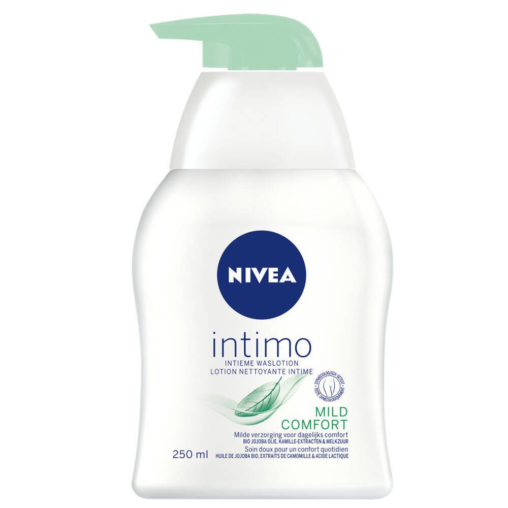 Flacon blanc NIVEA intimo avec pompe verte. Logo bleu. Inscription 'Mild Comfort' et ingrédients visibles.