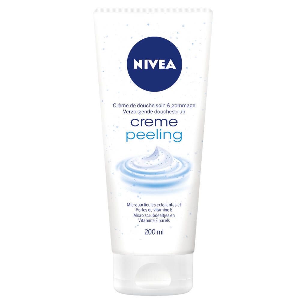 Weiße Tube mit blauem NIVEA-Logo und Produktbezeichnung. Text: Creme Peeling. Enthält Vitamin E Perlen. 200 ml.