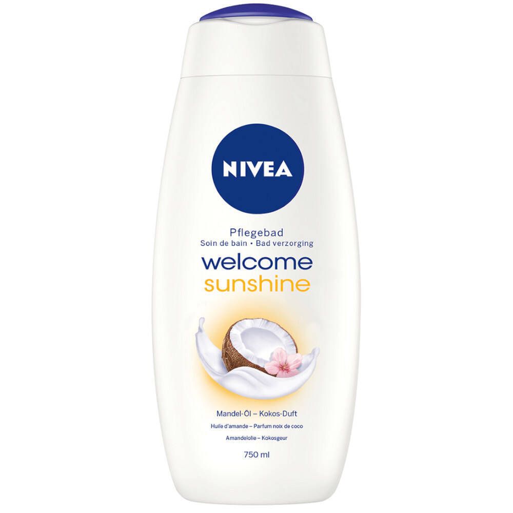 Weiße Flasche mit blauem Deckel. Aufschrift: NIVEA, Pflegebad Welcome Sunshine. Kokosnuss- und Mandelöl-Motiv.