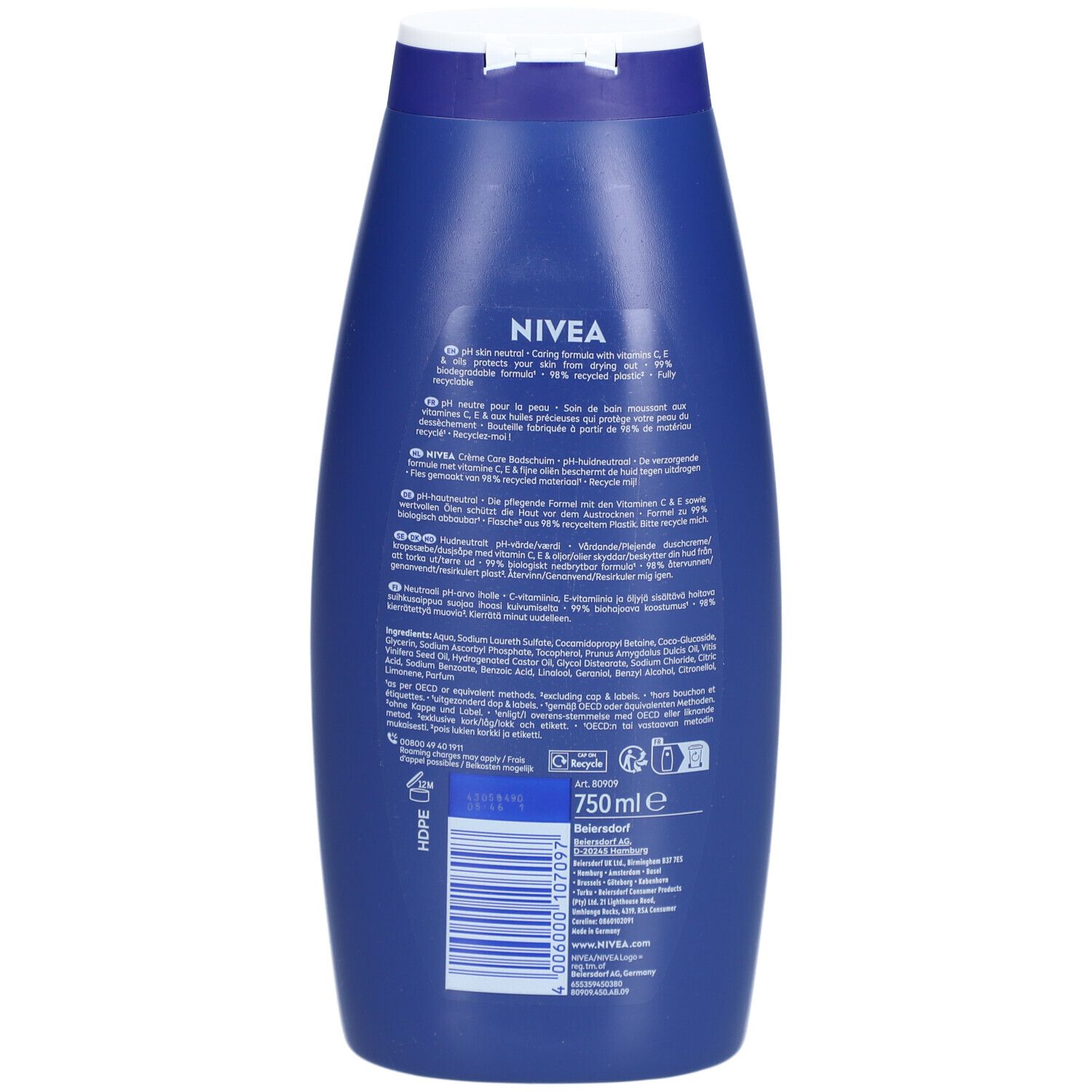 Dos du flacon bleu NIVEA Creme Care. Informations textuelles, ingrédients, consignes de recyclage. Bouchon blanc.