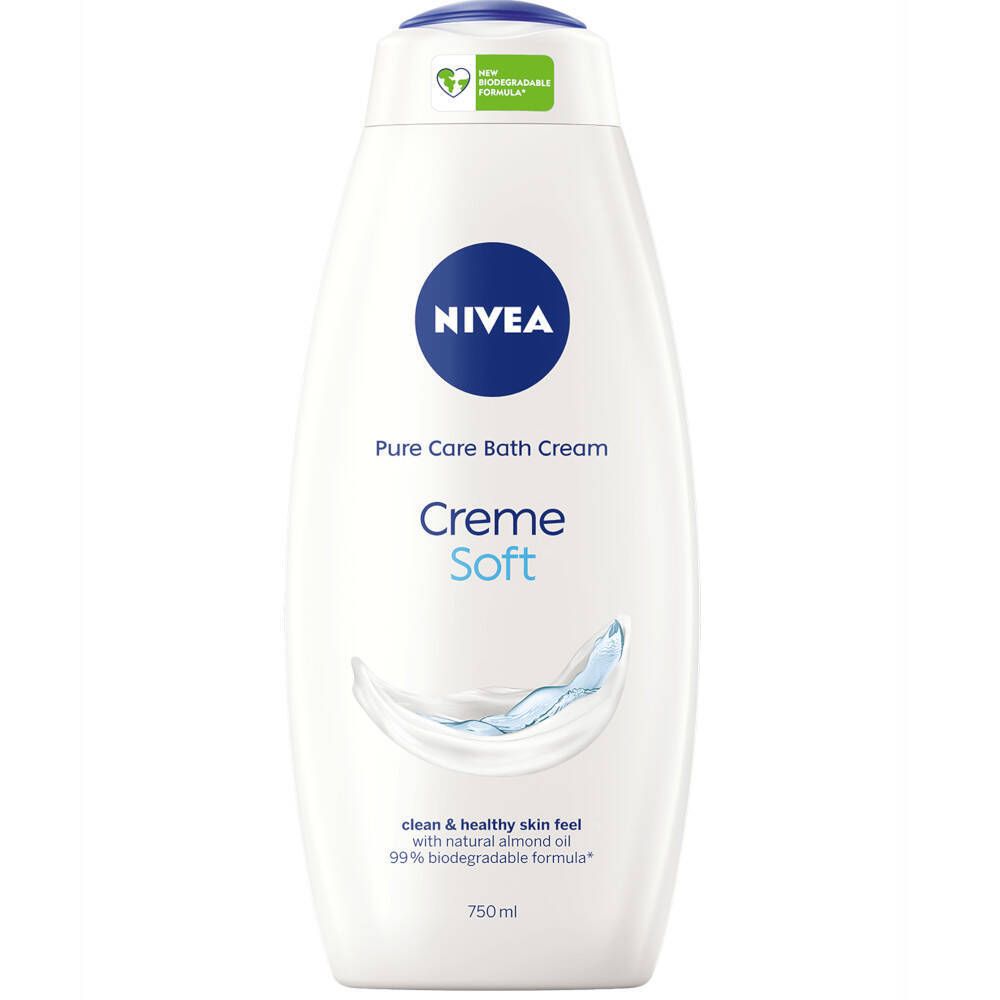 Weiße Flasche mit blauem Deckel und Etikett. NIVEA-Logo und "Creme Soft" Schriftzug. Grün-weißer Aufkleber: "Neue biologisch abbaubare Formel".