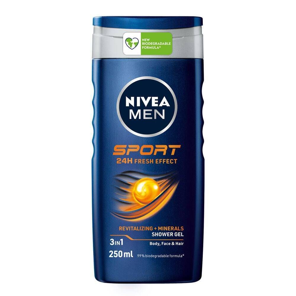 Donkerblauwe fles NIVEA MEN Sport. Witte tekst: NIVEA MEN, SPORT, 24H FRESH EFFECT. 250ml. Groen-witte sticker: New, Biodegradable Formula.