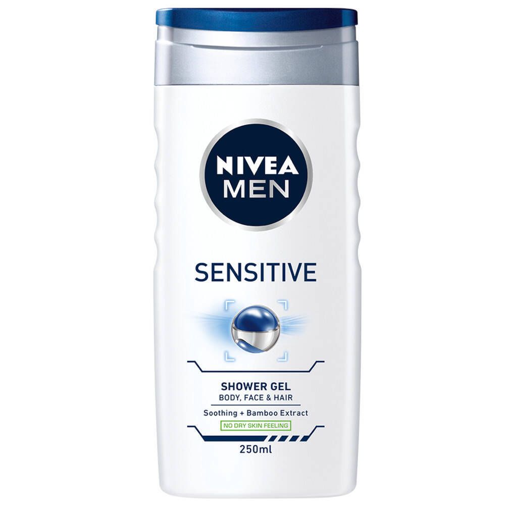 Weiße Flasche mit blauem Deckel. NIVEA MEN Sensitive Duschgel. Text: Body, Face & Hair. 250ml.