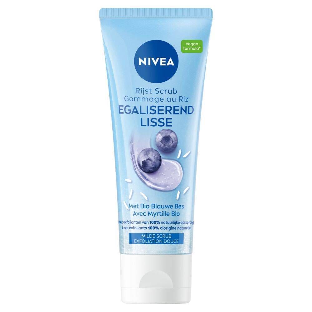 Tube bleu clair NIVEA, gommage au riz, illustrations de myrtilles et texte. Label formule végétalienne.