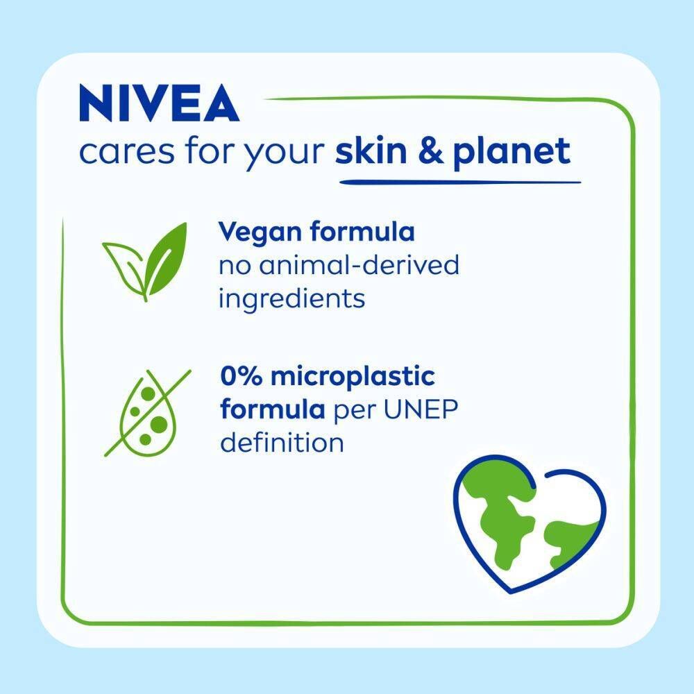 Carré avec texte : NIVEA prend soin de votre peau et de la planète. Formule végétalienne, 0% microplastique.