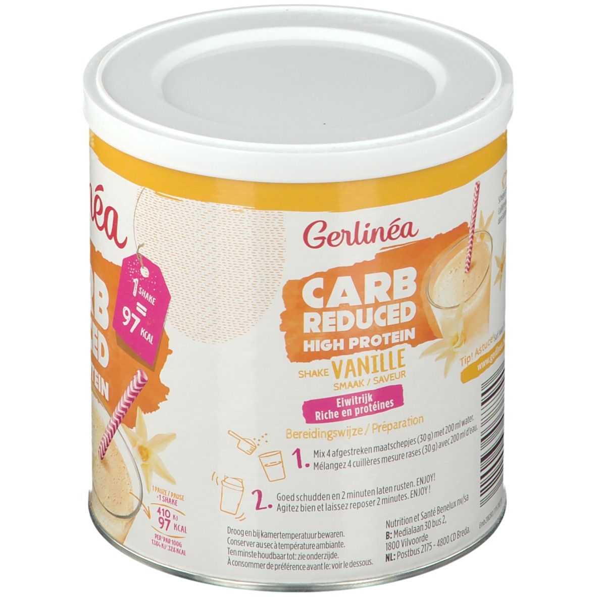 Boîte de Gerlinéa Carb Reduced High Protein Shaked Iced Coffee. Inscription : Carb Reduced High Protein, Vanille. Instructions de préparation et informations nutritionnelles.