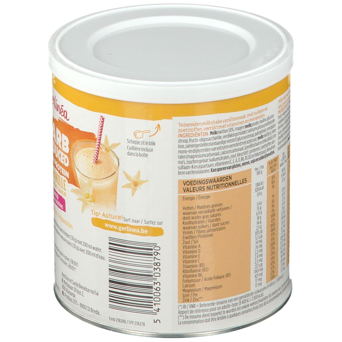 Boîte de Gerlinéa Carb Reduced High Protein Shaked Iced Coffee. Dos avec liste d'ingrédients et informations nutritionnelles. Inscription : Carb Reduced High Protein.