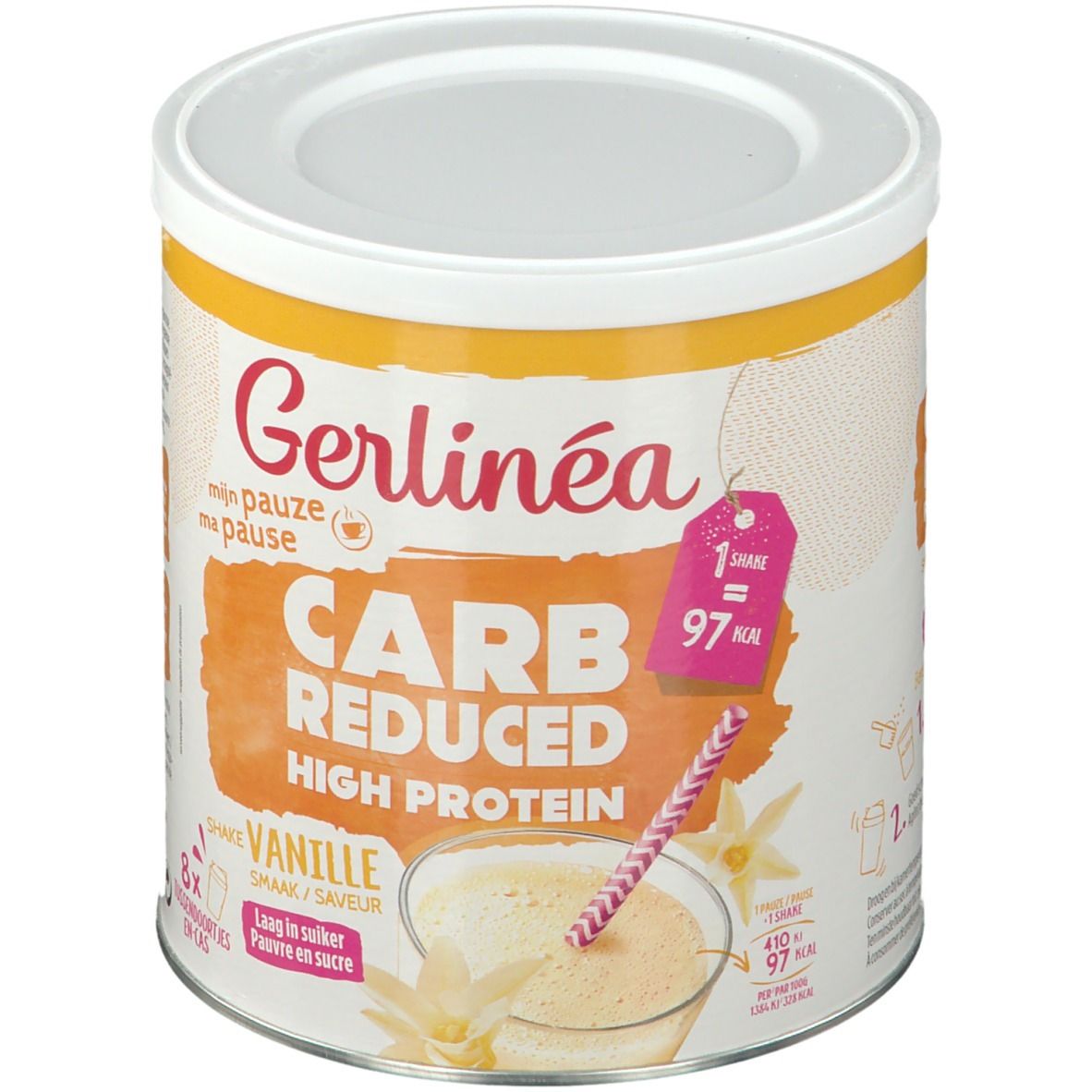 Boîte de Gerlinéa Carb Reduced High Protein Shaked Iced Coffee. Inscription : Carb Reduced High Protein, Vanille. Illustration d'un shake avec une paille. 8 portions.