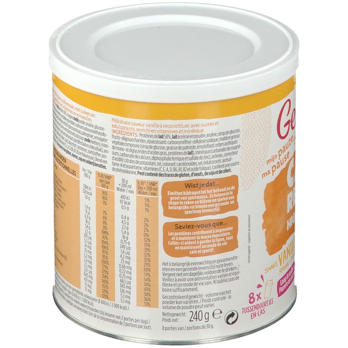 Boîte de Gerlinéa Carb Reduced High Protein Shaked Iced Coffee. Dos avec liste d'ingrédients et informations nutritionnelles. Inscription : Carb Reduced High Protein, Vanille.