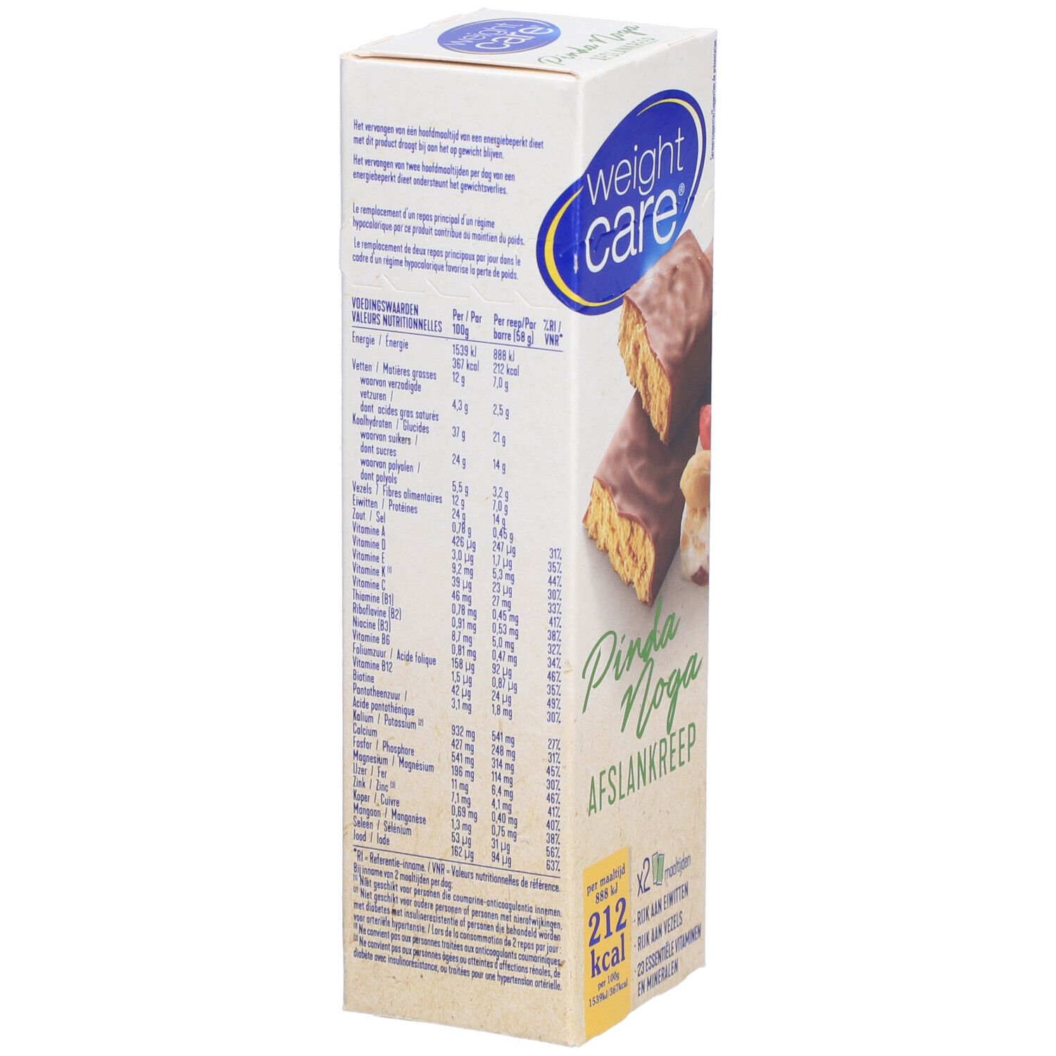 Verpakking van Weight Care® afslankreep. Voedingswaarde en ingrediëntenlijst op de zijkant. Tekst in het Nederlands.