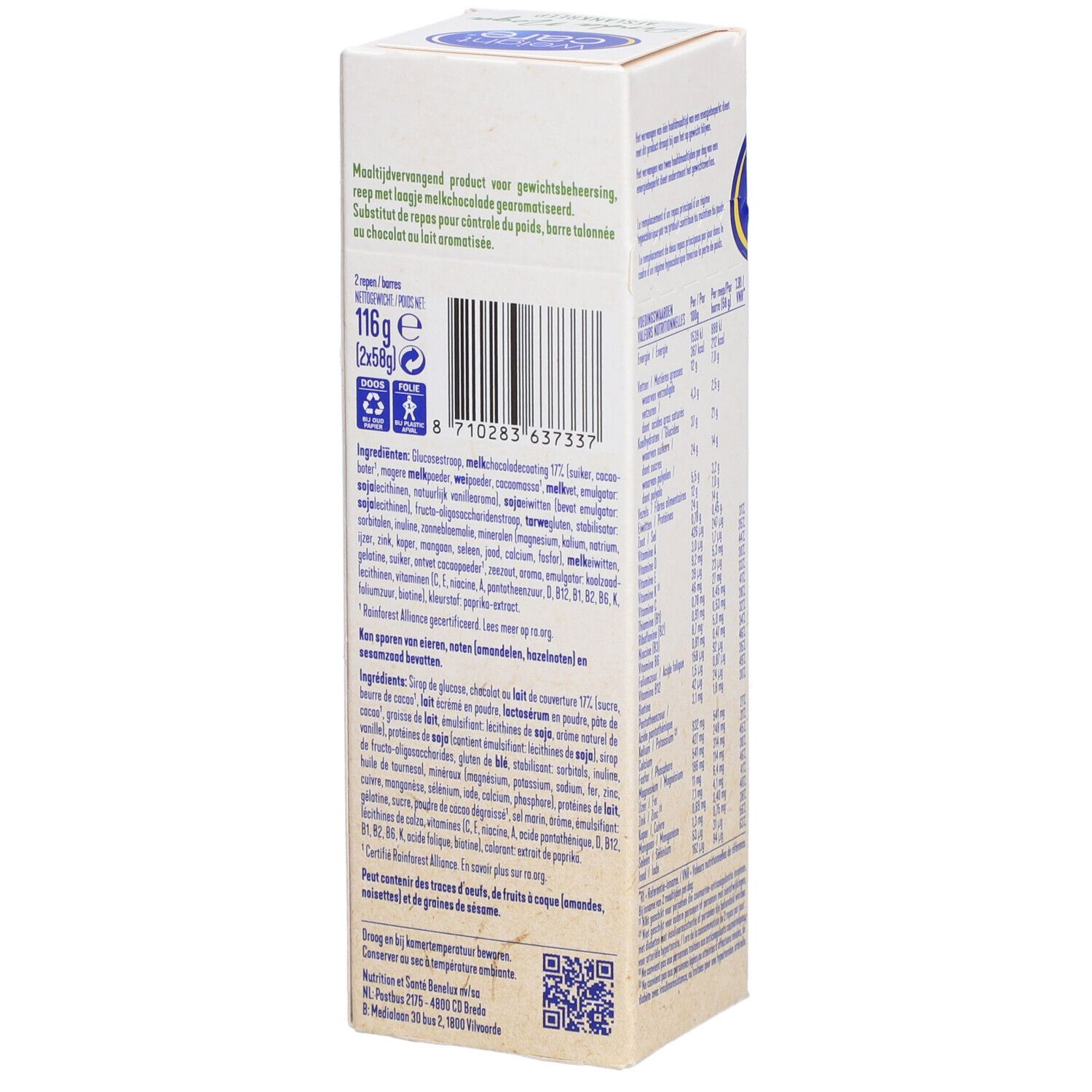 Verpakking van Weight Care® afslankreep. Achterkant met ingrediëntenlijst, voedingswaarde en fabrikantgegevens. Tekst in het Nederlands.