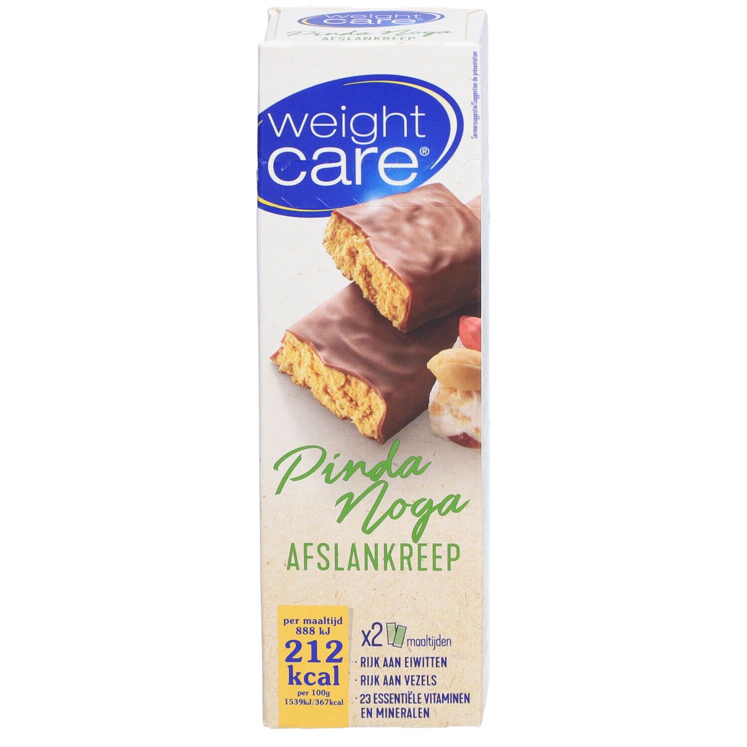 Verpakking van Weight Care® afslankreep. Afgebeeld zijn twee repen met nougat en pinda. Opschriften: Pinda Noga, Afslankreep.