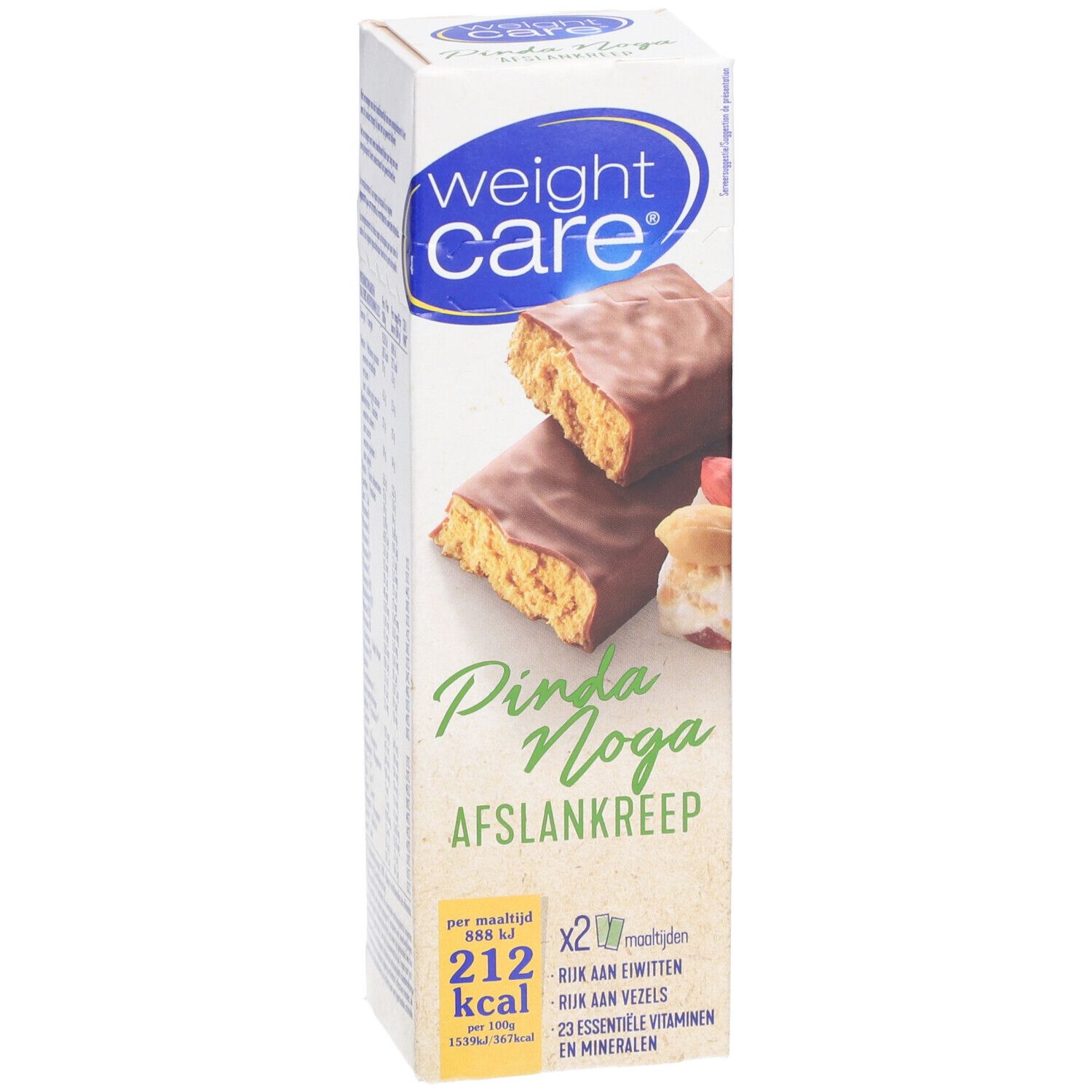Verpakking van Weight Care® afslankreep. Afgebeeld zijn twee repen met nougat en pinda. Opschriften: Pinda Noga, Afslankreep.