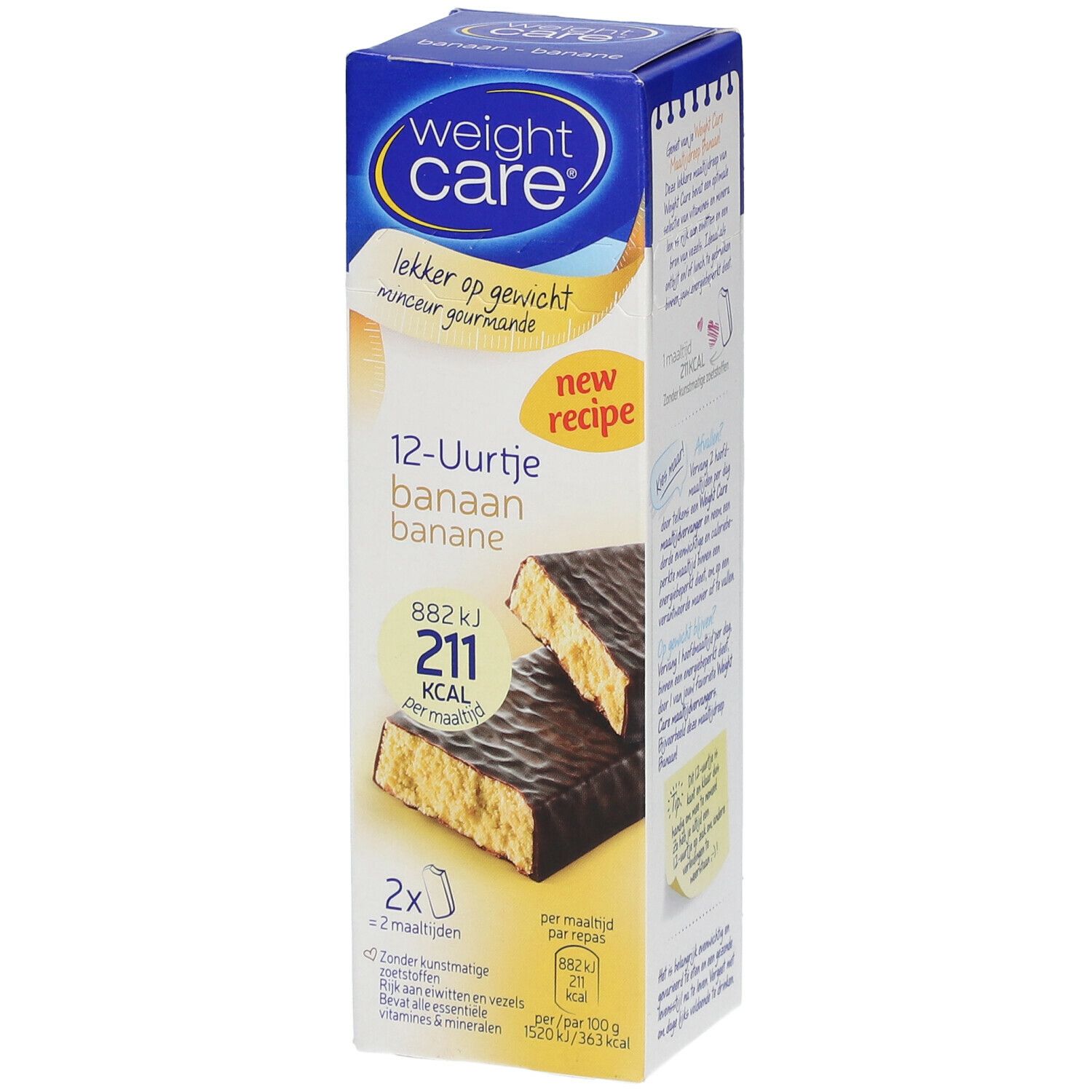 Verpakking Weight Care met twee repen. Opschrift: 12-Uurtje banaan banane, 211 kcal per reep.