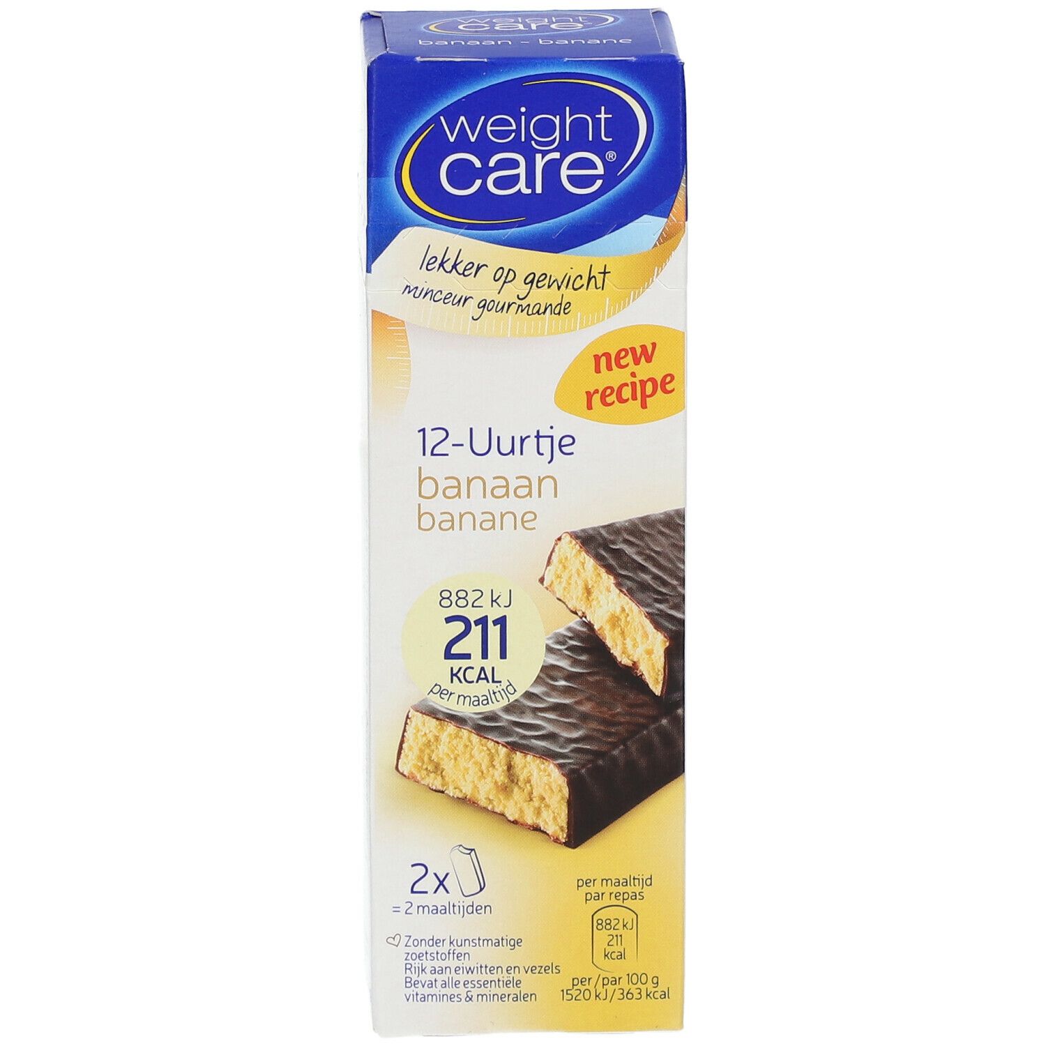 Verpakking Weight Care met twee repen. Opschrift: 12-Uurtje banaan banane, 211 kcal per reep.
