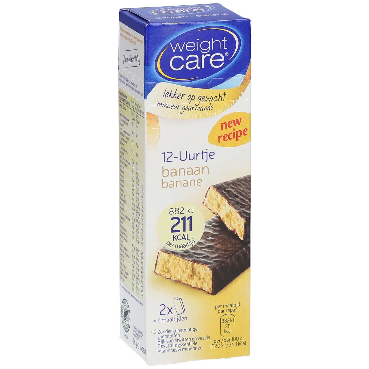Verpakking Weight Care met twee repen. Opschrift: 12-Uurtje banaan banane, 211 kcal per reep.