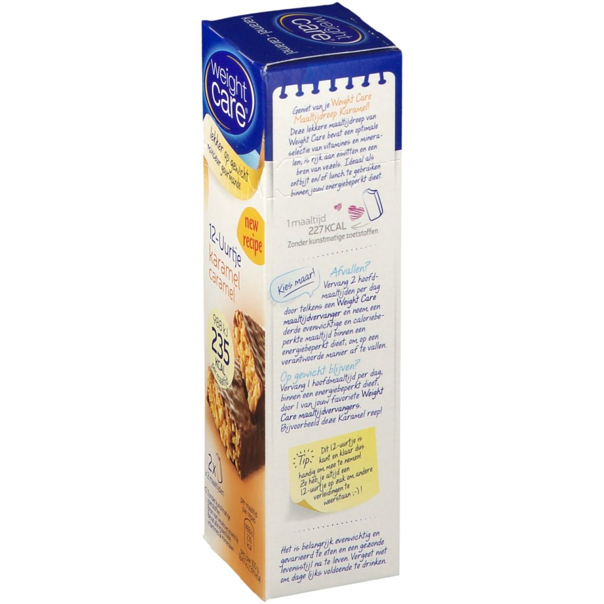 Achterkant van de weightcare® karamelreepverpakking. Tekst in het Nederlands. Bevat informatie over het product.