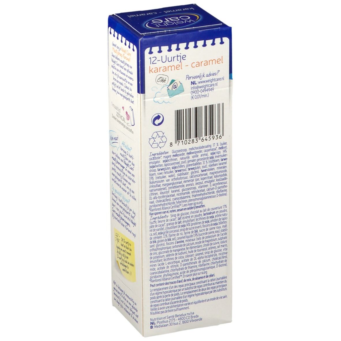 Zijkant van de weightcare® karamelreepverpakking. Tekst in het Nederlands. Bevat informatie over het product.