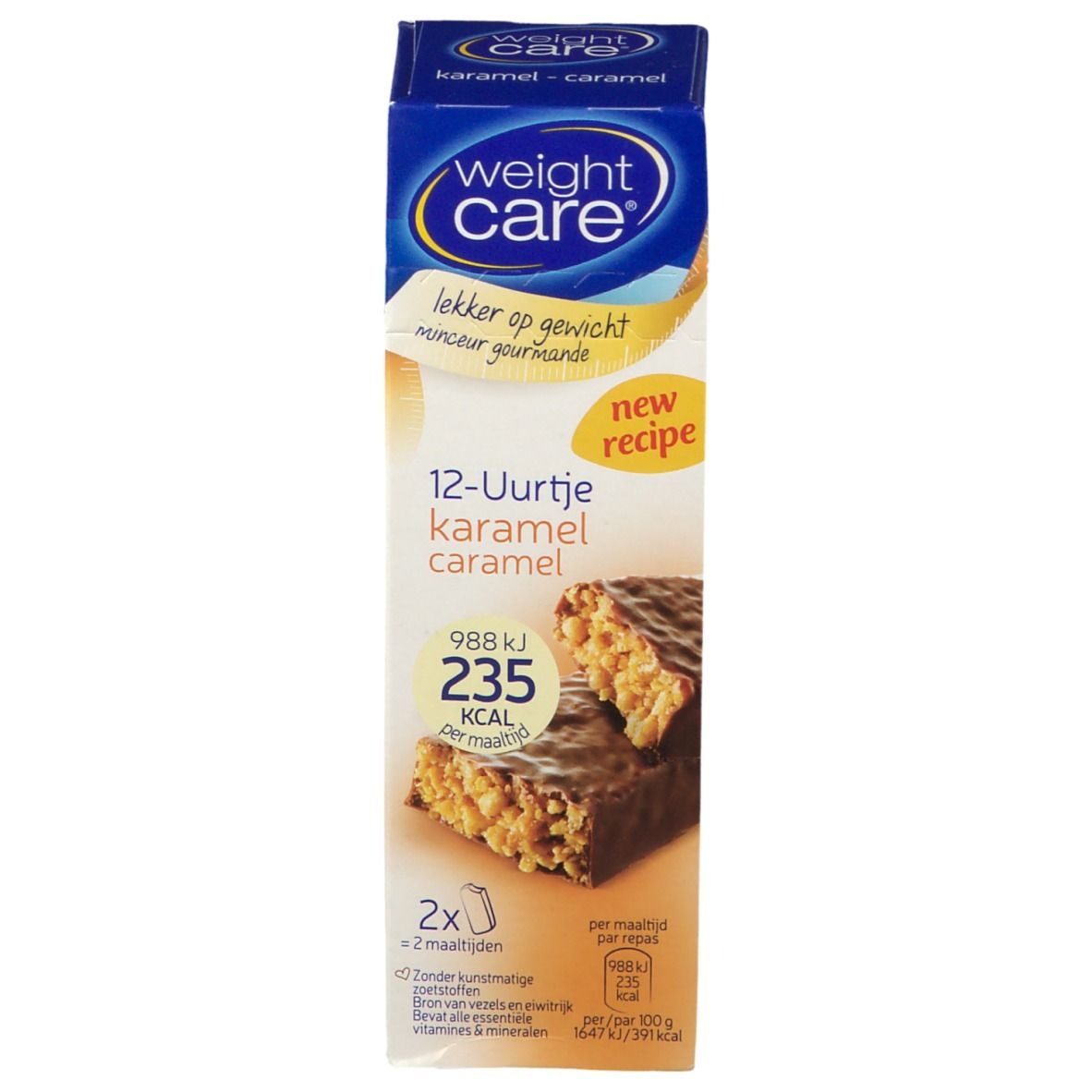 Verpakking van weightcare® karamelrepen. Bevat twee repen. Opschrift: 12-Uurtje karamel caramel, 235 kcal.