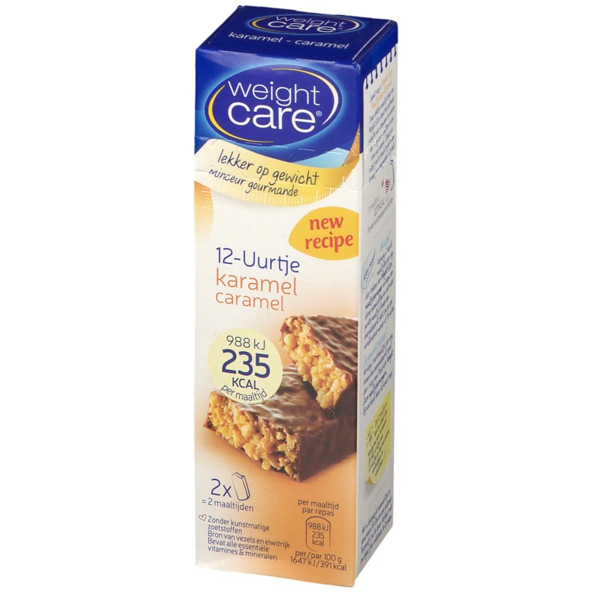 Verpakking van weightcare® karamelrepen. Bevat twee repen. Opschrift: 12-Uurtje karamel caramel, 235 kcal.