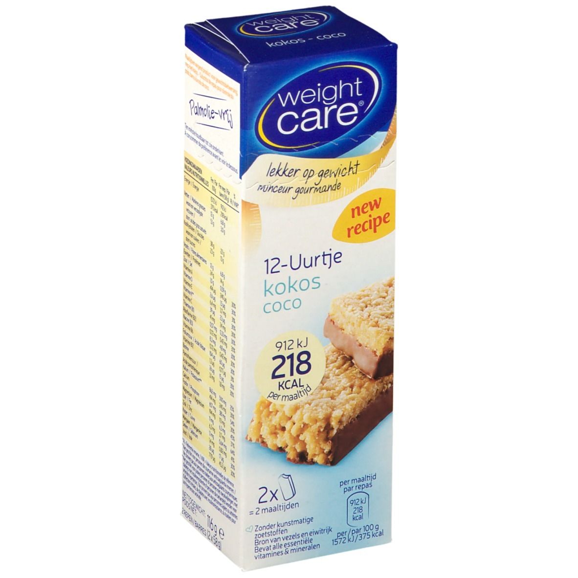 Verpakking met Weight Care Kokosnuss repen. Opschrift: 12-Uurtje Kokos Coco, 218 kcal per portie, nieuw recept.