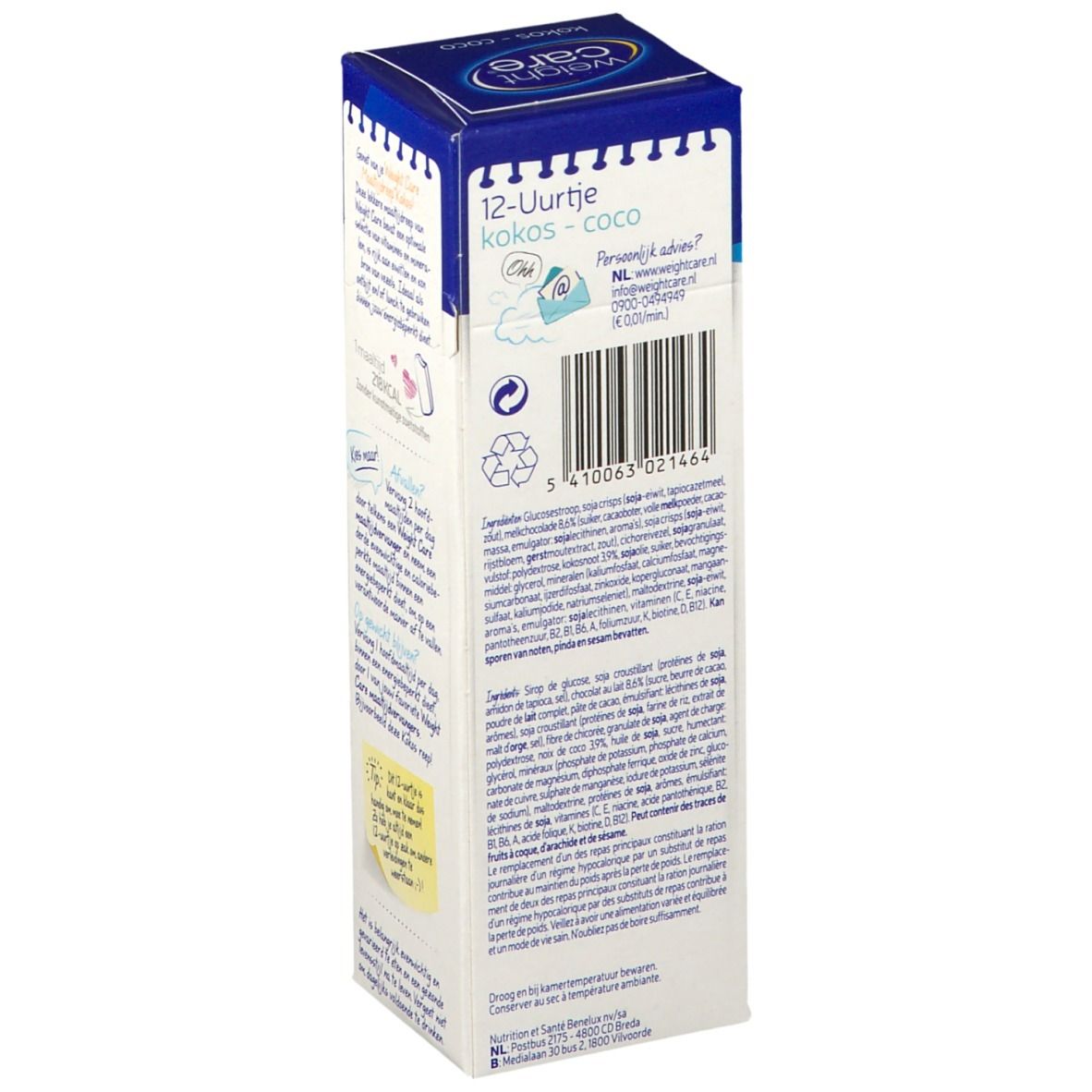 Achterkant van de Weight Care Kokosnuss reep verpakking. Bevat voedingswaarde-informatie, ingrediëntenlijst en recycling symbolen.