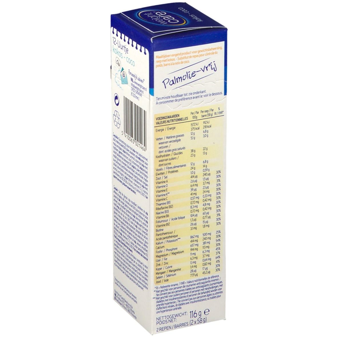 Zijkant van de Weight Care Kokosnuss reep verpakking met voedingswaarde-informatie. Bevat informatie over energie, vet, koolhydraten en eiwitten.
