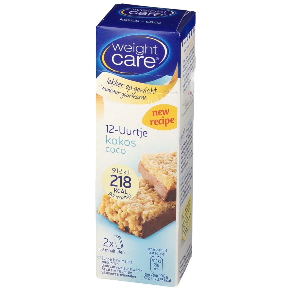 Weight Care Kokosnuss reep verpakking. Opschrift: 12-Uurtje Kokos Coco, 218 kcal per portie, nieuw recept. Product afbeelding.