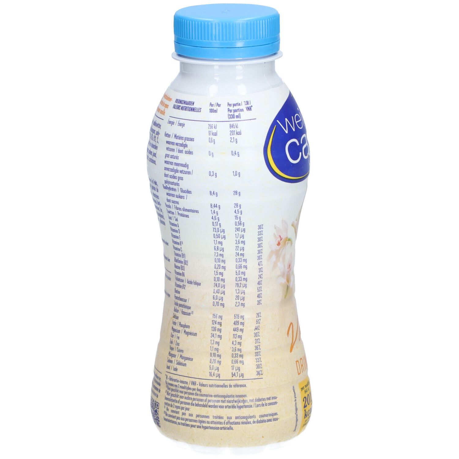 Dos de la bouteille Weight Care Trinkmahlzeit Vanille. Contient informations nutritionnelles et liste ingrédients.